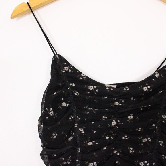 Garage Rouched Floral Black Thin Strap Cropped Tank - Picture 3 of 7